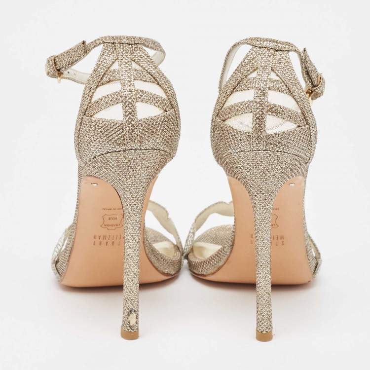 Pre Owned Stuart Weitzman Metallic Gold  Glitter Ankle Strap Sandals Size 37.5