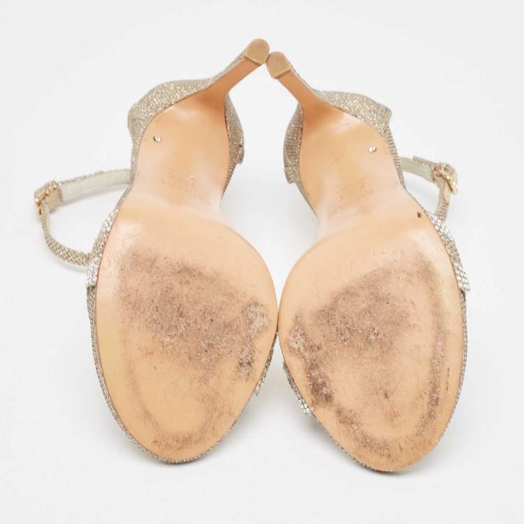 Pre Owned Stuart Weitzman Metallic Gold  Glitter Ankle Strap Sandals Size 37.5