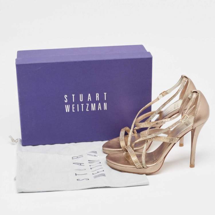 Pre Owned Stuart Weitzman Metallic Gold Leather Crystal Embellished Ankle Strap Sandals Size 37.5
