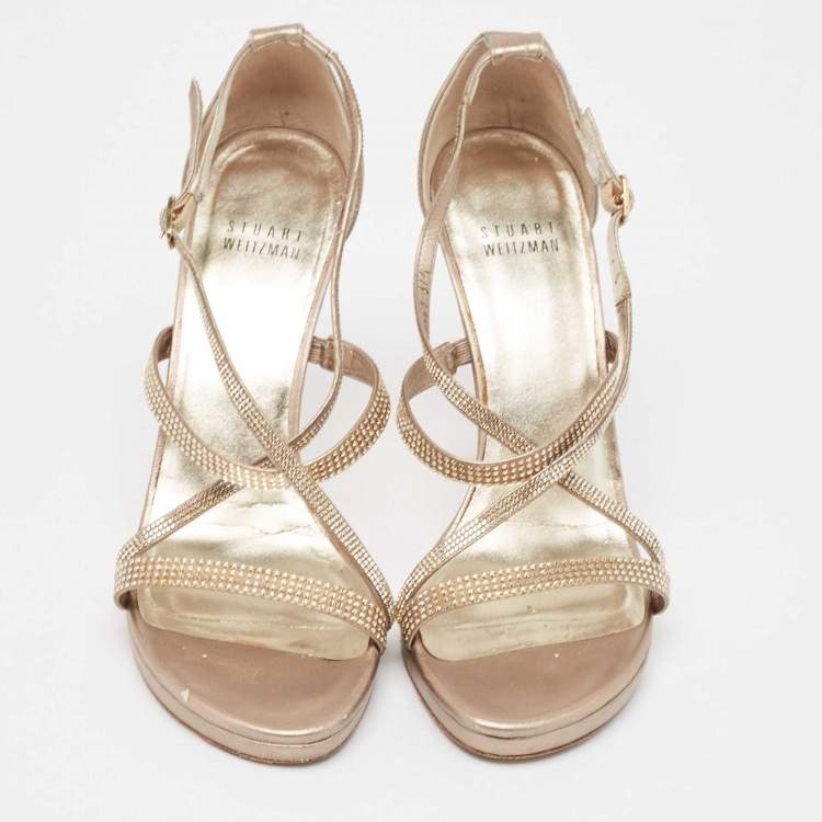 Pre Owned Stuart Weitzman Metallic Gold Leather Crystal Embellished Ankle Strap Sandals Size 37.5