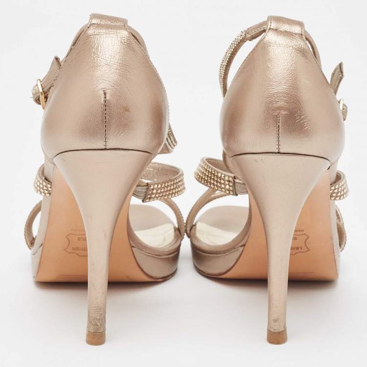 Pre Owned Stuart Weitzman Metallic Gold Leather Crystal Embellished Ankle Strap Sandals Size 37.5