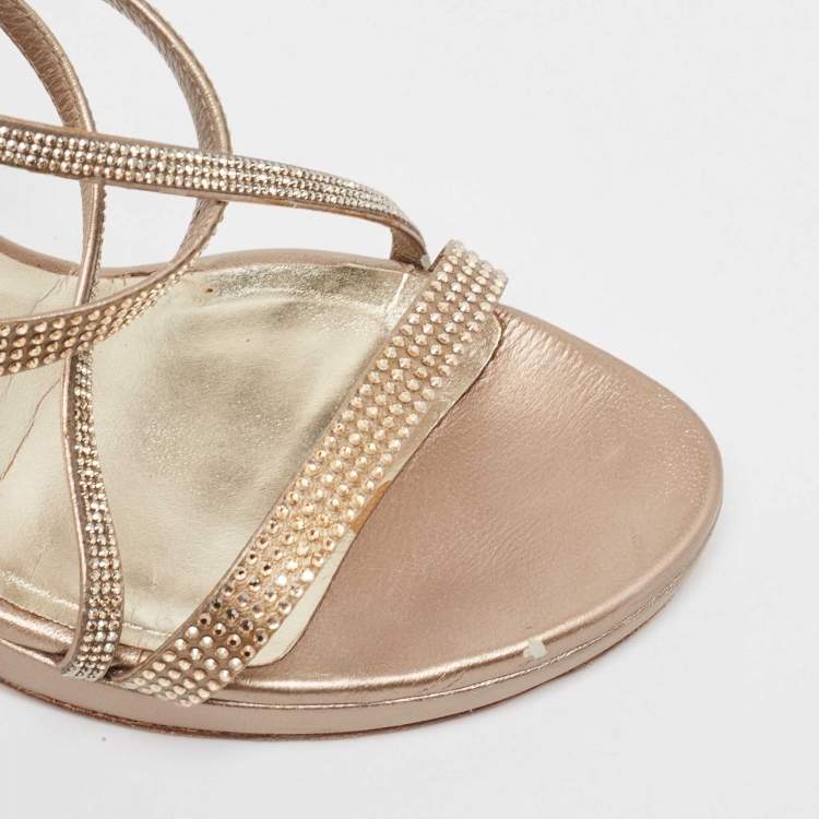 Pre Owned Stuart Weitzman Metallic Gold Leather Crystal Embellished Ankle Strap Sandals Size 37.5