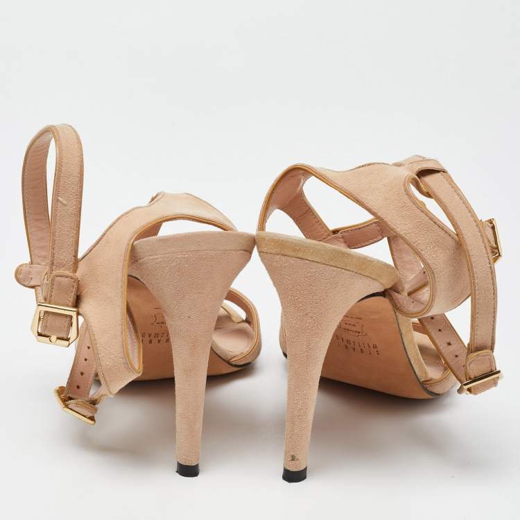 Pre Owned Stuart Weitzman Beige Suede Open Toe T-Strap Sandals Size 39.5