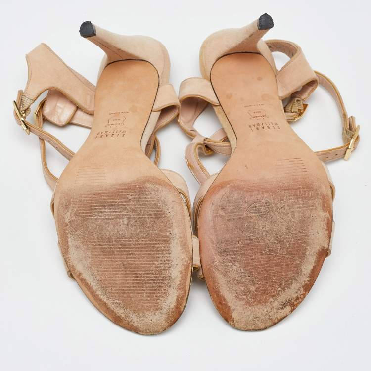 Pre Owned Stuart Weitzman Beige Suede Open Toe T-Strap Sandals Size 39.5