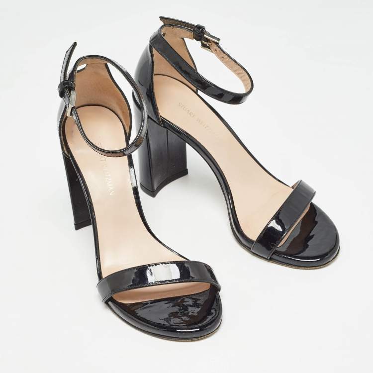 Pre Owned Stuart Weitzman Black Patent Ankle Strap Sandals Size 39.5
