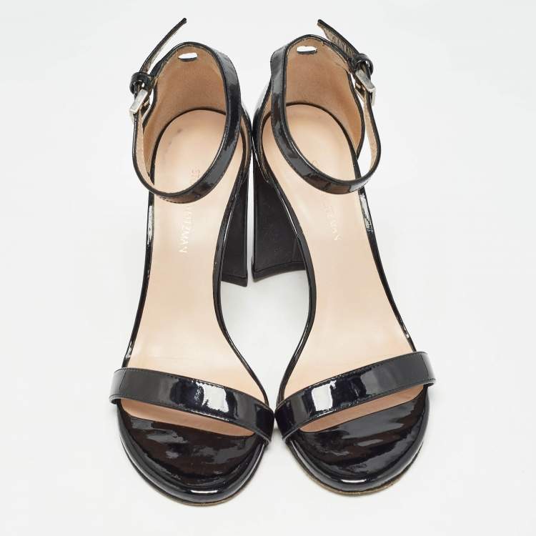 Pre Owned Stuart Weitzman Black Patent Ankle Strap Sandals Size 39.5