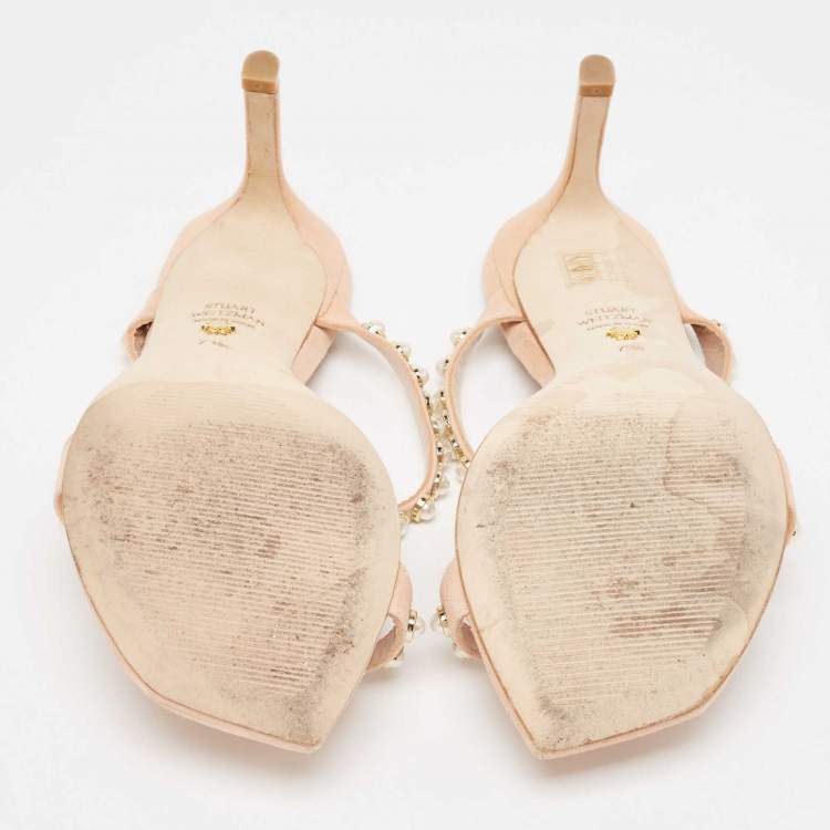 Pre Owned Stuart Weitzman Beige Suede Pear Embellished Slide Sandals Size 38