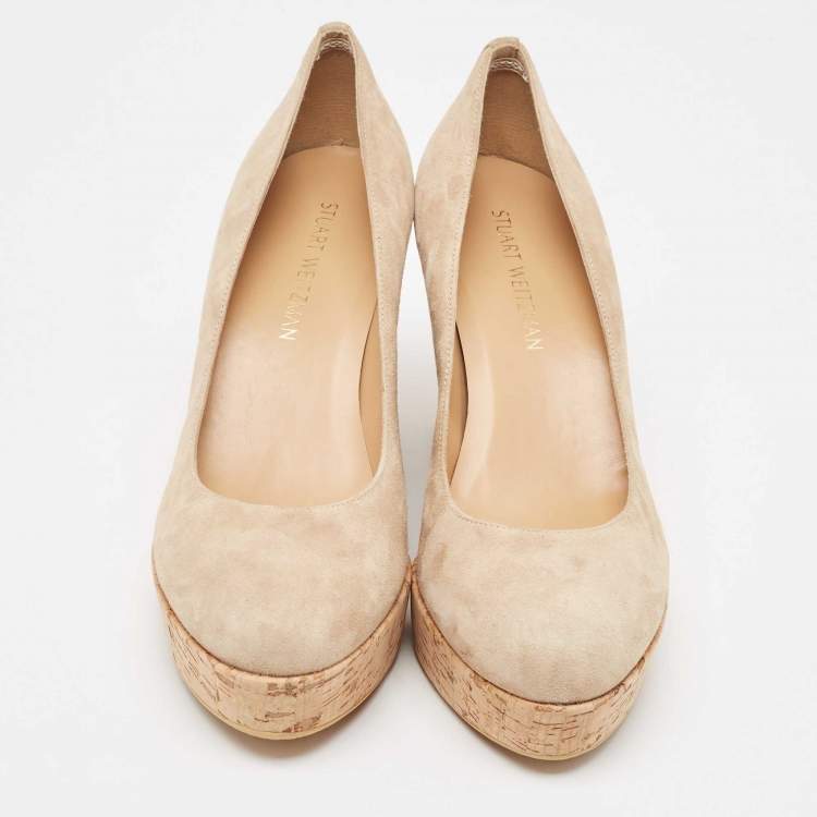 Pre Owned Stuart Weitzman Beige Suede Cork Platform Wedge Pumps Size 41