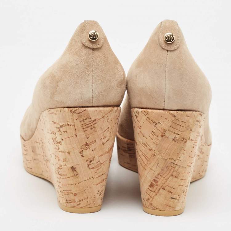 Pre Owned Stuart Weitzman Beige Suede Cork Platform Wedge Pumps Size 41