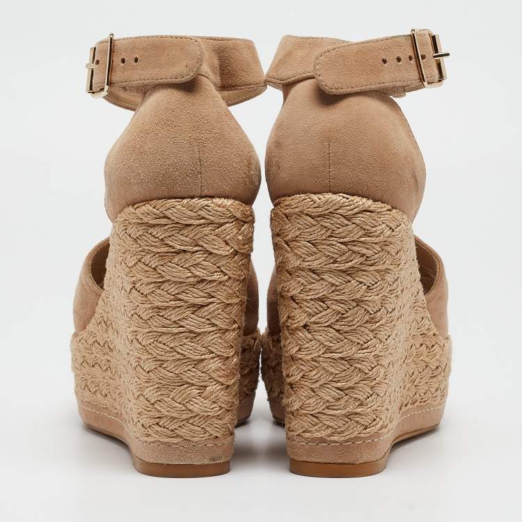 Pre Owned Stuart Weitzman Beige Suede Ankle Strap Platform Espadrille Sandals Size 38