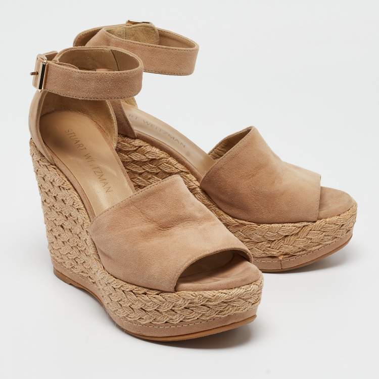 Pre Owned Stuart Weitzman Beige Suede Ankle Strap Platform Espadrille Sandals Size 38