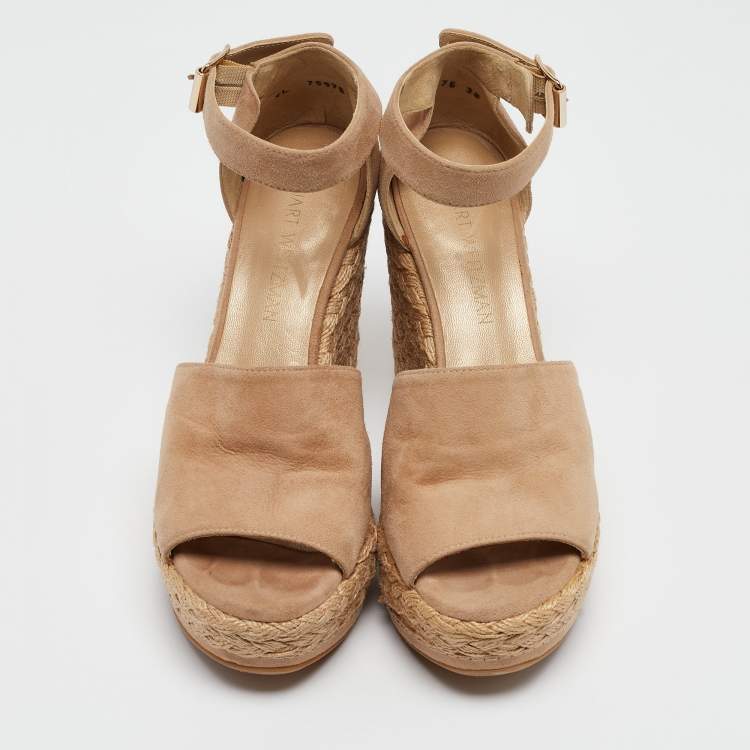 Pre Owned Stuart Weitzman Beige Suede Ankle Strap Platform Espadrille Sandals Size 38