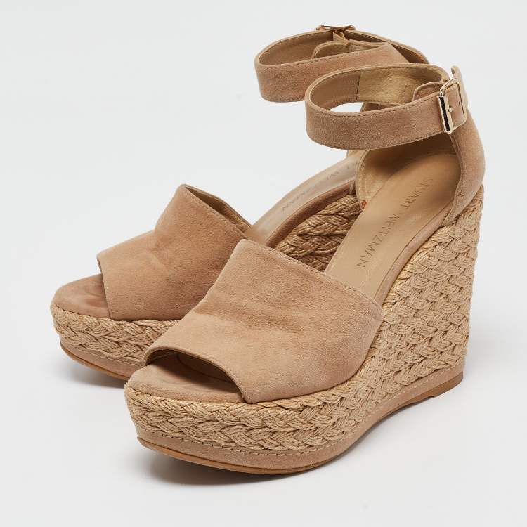 Pre Owned Stuart Weitzman Beige Suede Ankle Strap Platform Espadrille Sandals Size 38