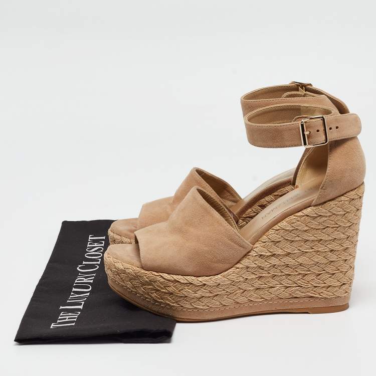 Pre Owned Stuart Weitzman Beige Suede Ankle Strap Platform Espadrille Sandals Size 38
