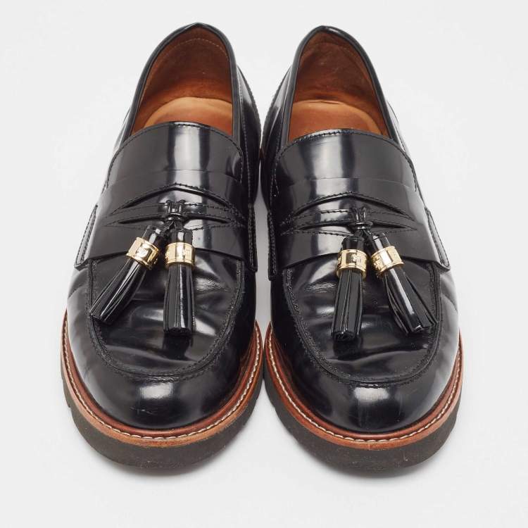 Pre Owned Stuart Weitzman Black Leather The Manila Tassel Slip On Loafers Size 40