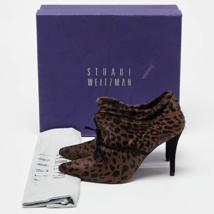 Pre Owned Stuart Weitzman Brown/Black Leopard Print Calfhair Pointed Toe Booties Size 38