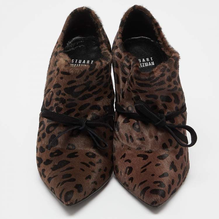 Pre Owned Stuart Weitzman Brown/Black Leopard Print Calfhair Pointed Toe Booties Size 38