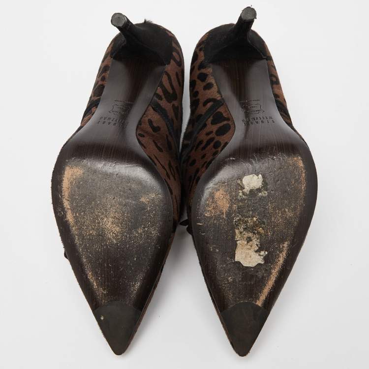 Pre Owned Stuart Weitzman Brown/Black Leopard Print Calfhair Pointed Toe Booties Size 38