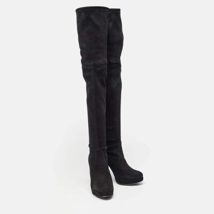 Pre Owned Stuart Weitzman Black Suede Leather Highland Over The Knee Boots Size 38.5