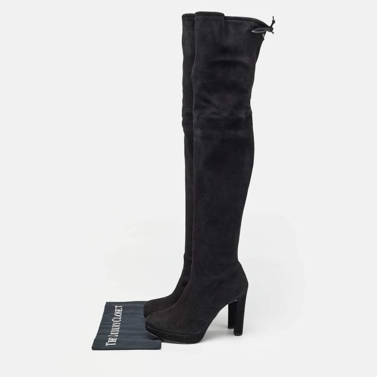 Pre Owned Stuart Weitzman Black Suede Leather Highland Over The Knee Boots Size 38.5