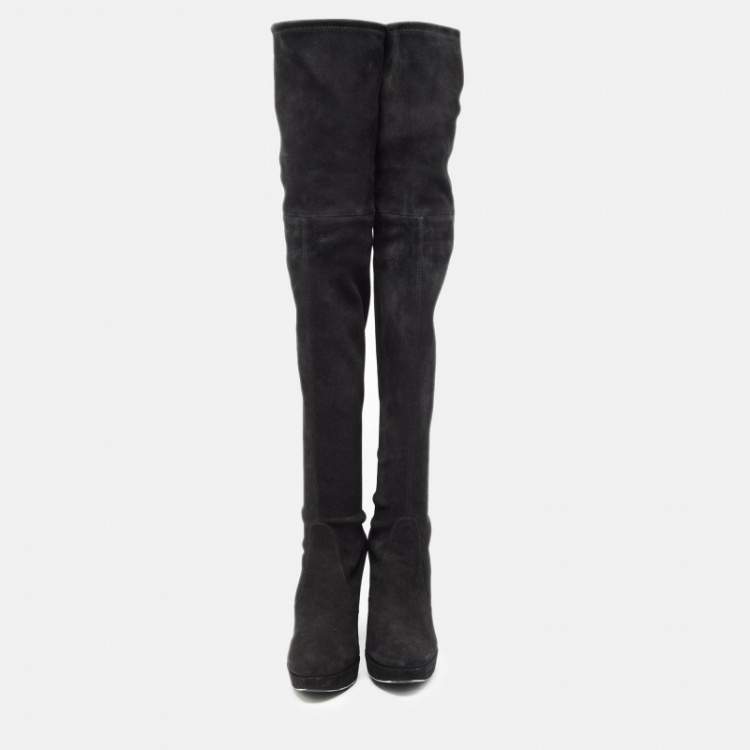 Pre Owned Stuart Weitzman Black Suede Leather Highland Over The Knee Boots Size 38.5