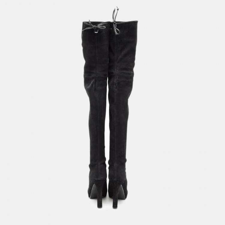 Pre Owned Stuart Weitzman Black Suede Leather Highland Over The Knee Boots Size 38.5