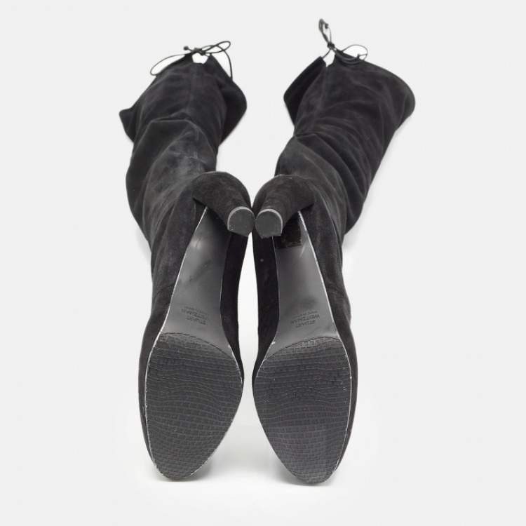 Pre Owned Stuart Weitzman Black Suede Leather Highland Over The Knee Boots Size 38.5