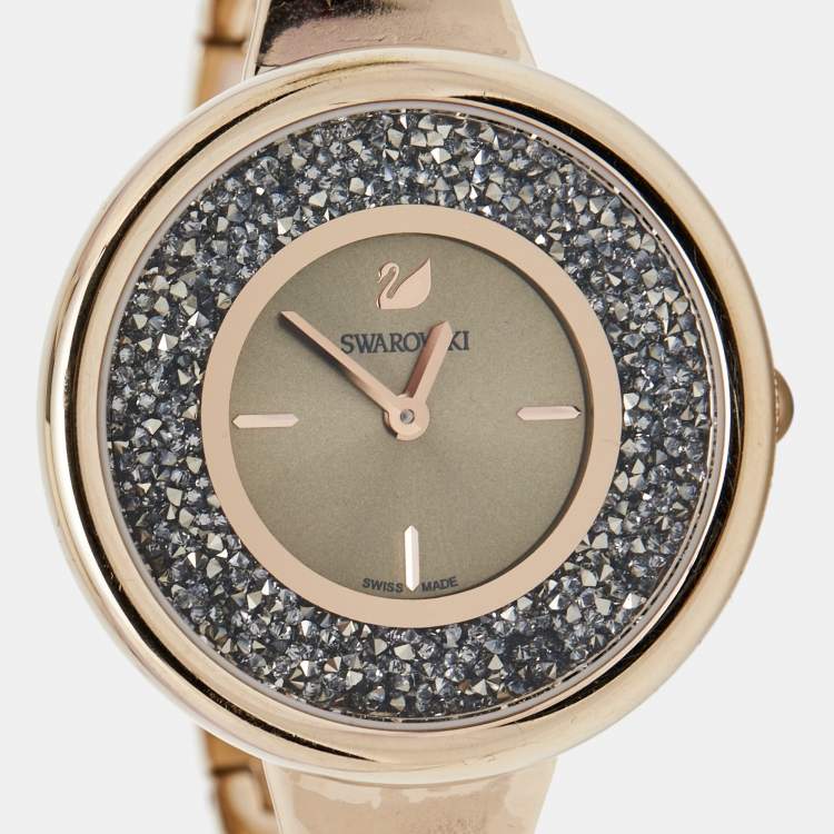 Pre Owned Swarovski Grey Rose Gold Plated Stainless Steel Crystalline 5376077 Women's Wristwatch 34 mm