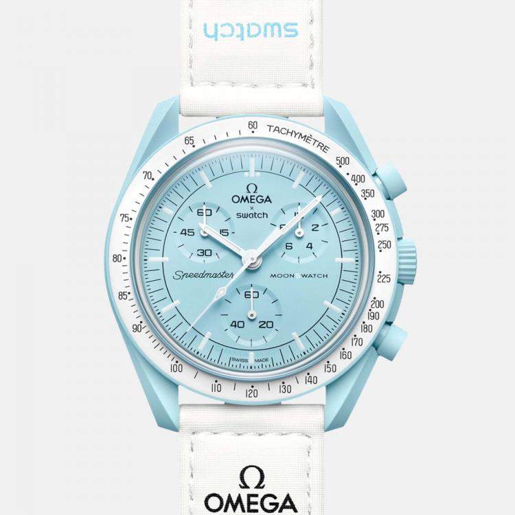 Pre Owned Omega X Swatch Pale Blue Bioceramic Velcro Moon Swatch Mission To Uranus SO33ML100 Wristwatch 42 mm