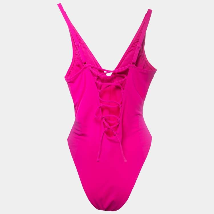 Pre Owned TA3 Pink Jersey Lace Up High Cut Plungey Swimsuit S