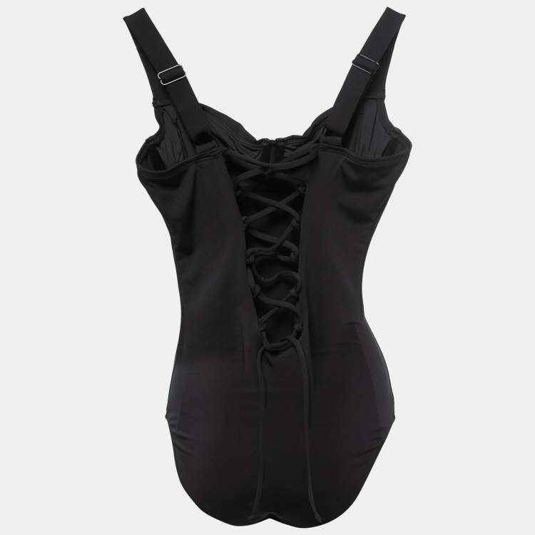 TA3 Black Jersey Lace Up High Cut Plungey Swimsuit S
