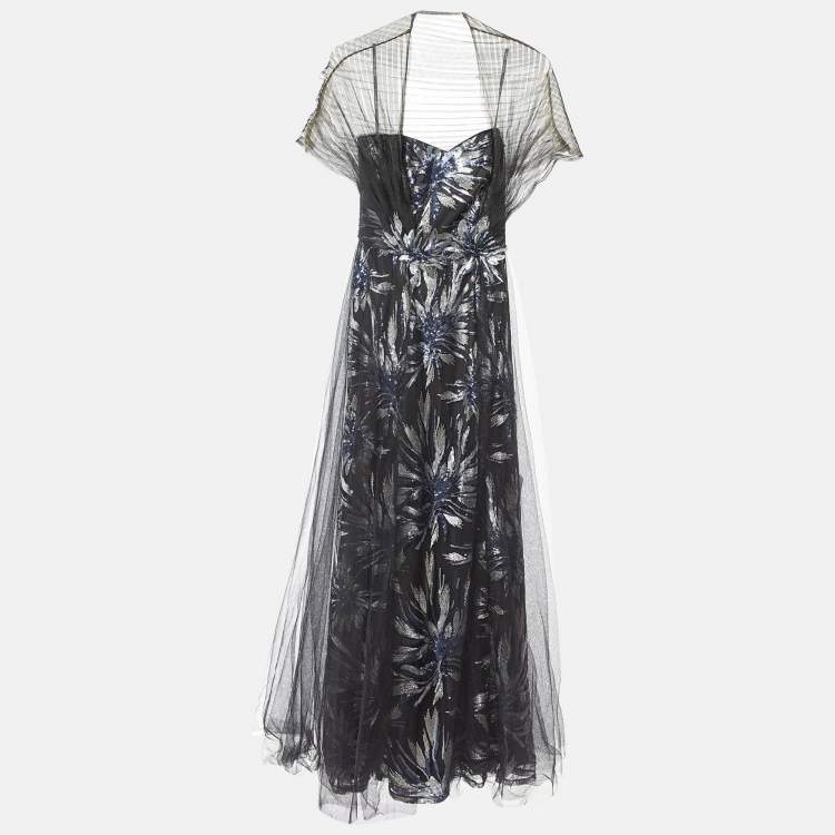 Pre Owned Tadashi Shoji Black Floral Sequined Tulle Draped Gown XS 