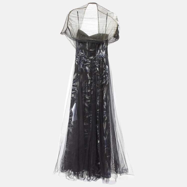 Pre Owned Tadashi Shoji Black Floral Sequined Tulle Draped Gown XS 