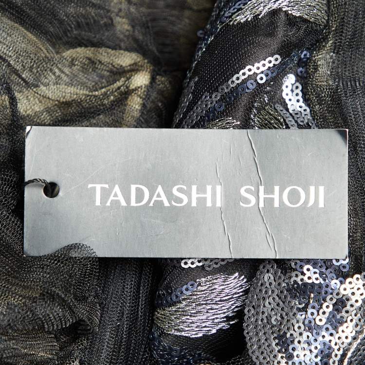 Pre Owned Tadashi Shoji Black Floral Sequined Tulle Draped Gown XS 