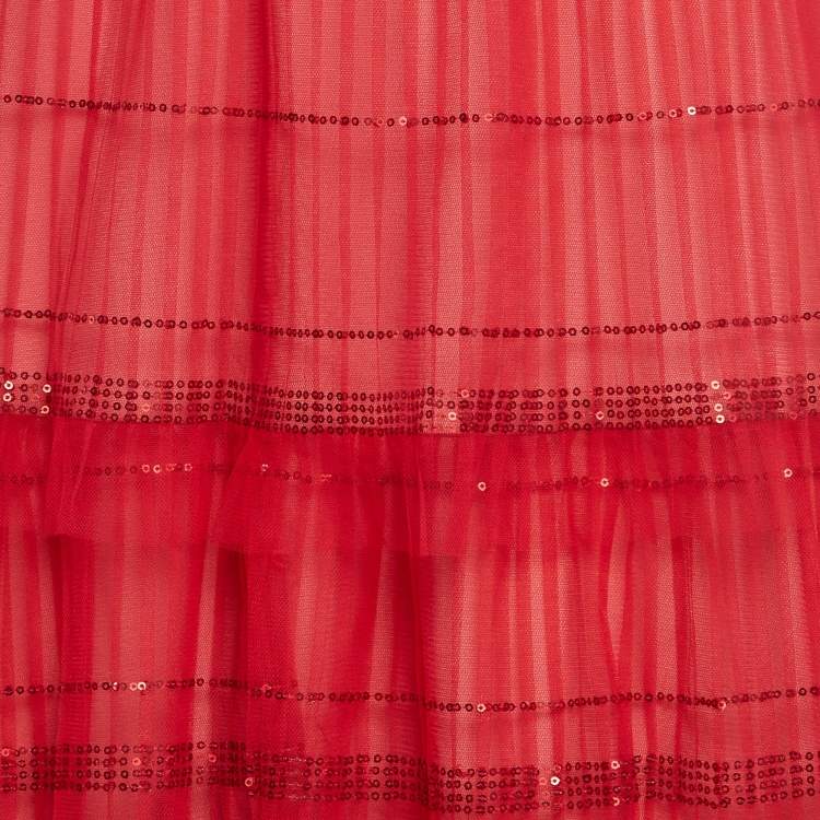 Pre Owned Tadashi Shoji Red Sequin Tulle Halter Neck Tiered Gown M