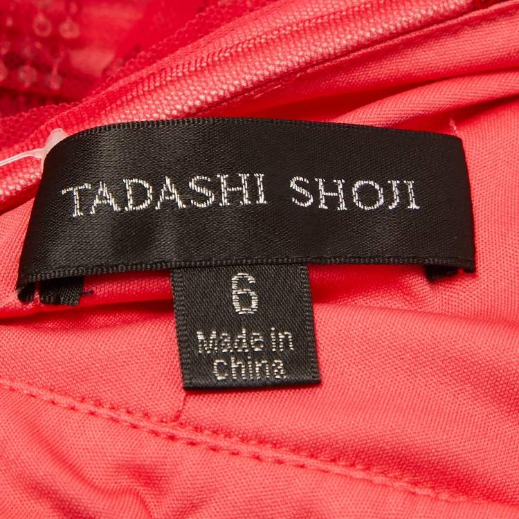 Pre Owned Tadashi Shoji Red Sequin Tulle Halter Neck Tiered Gown M