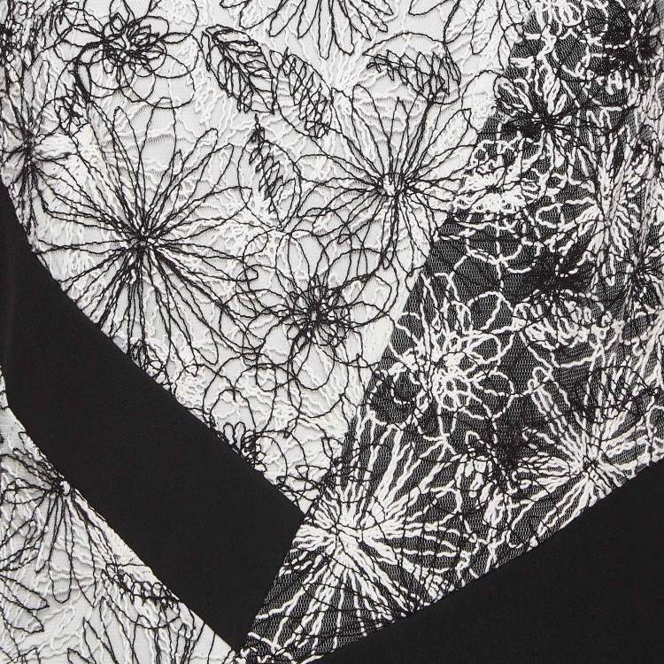 Pre Owned Tadashi Shoji Black/White Floral Embroidered Tulle and Crepe Maxi Dress L