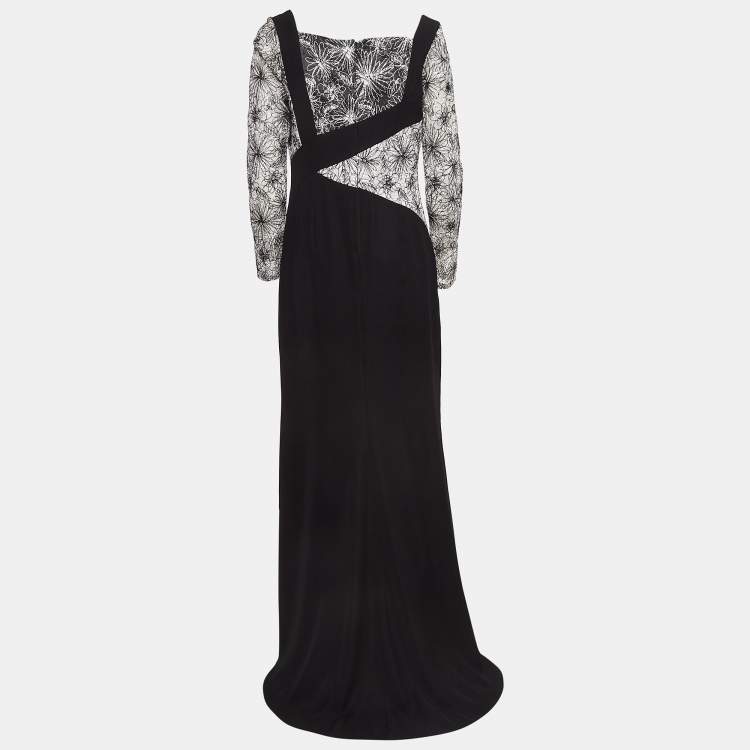 Pre Owned Tadashi Shoji Black/White Floral Embroidered Tulle and Crepe Maxi Dress L