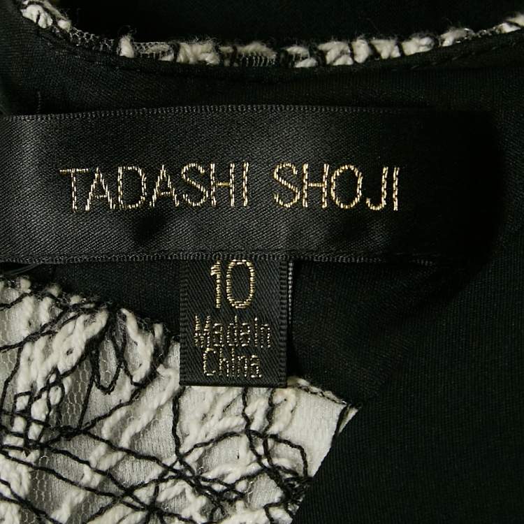 Pre Owned Tadashi Shoji Black/White Floral Embroidered Tulle and Crepe Maxi Dress L