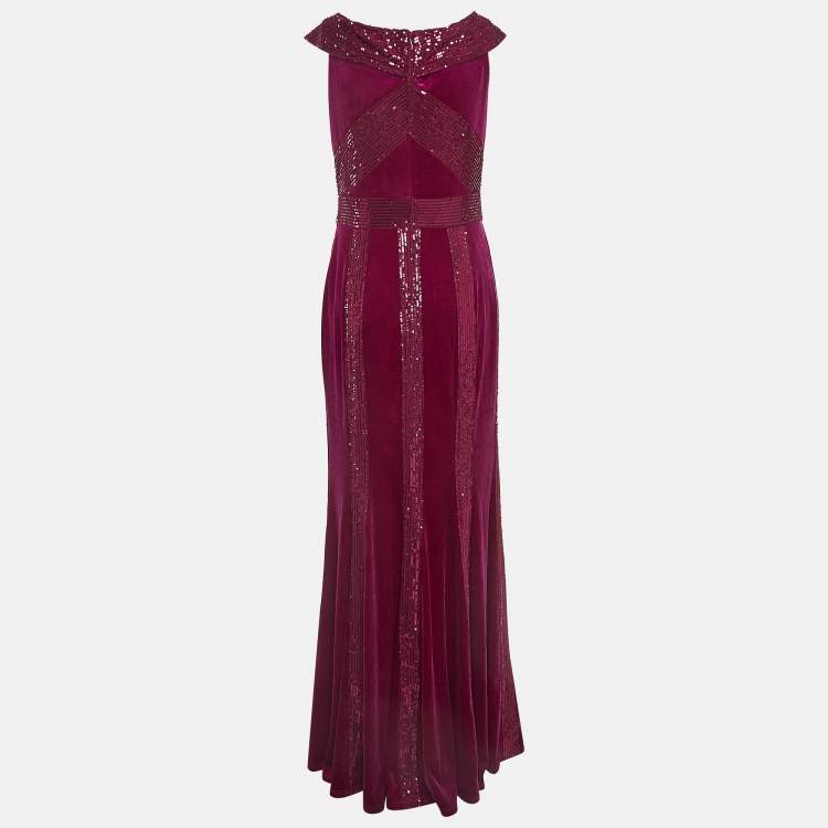 Pre Owned Tadashi Shoji Pink Sequin Embellished Stretch Velvet Rhea Gown M