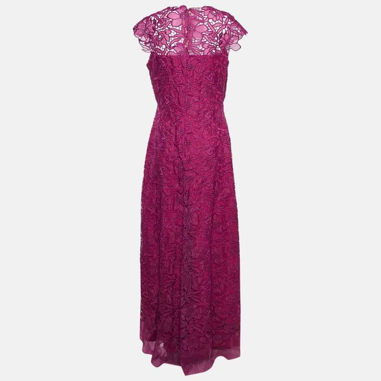 Pre Owned Tadashi Shoji Burgundy Floral Lace Maxi Dress M