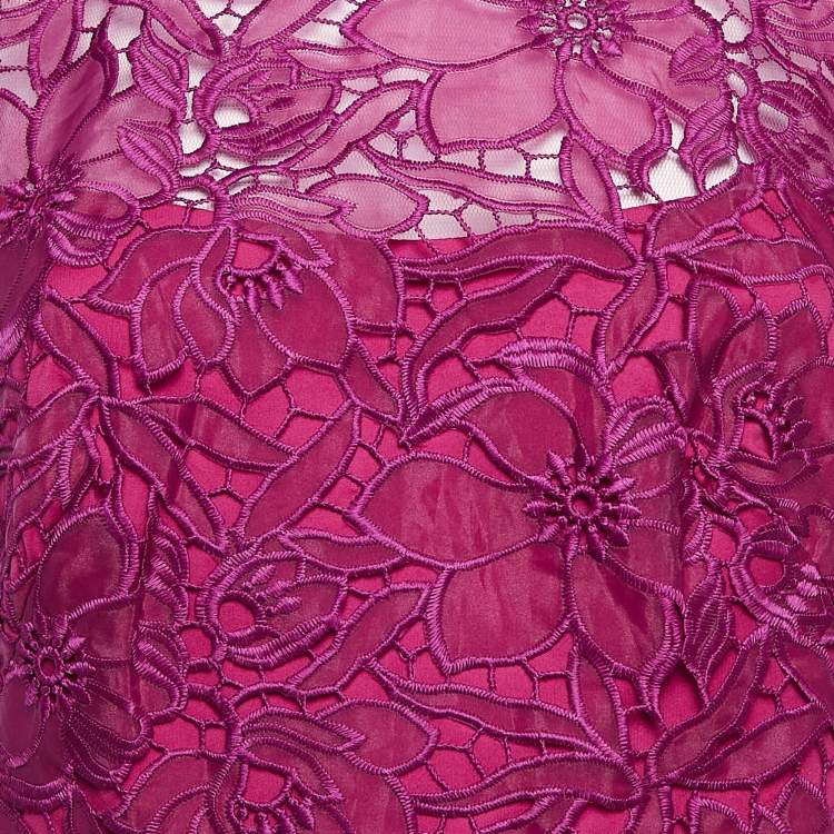 Pre Owned Tadashi Shoji Burgundy Floral Lace Maxi Dress M
