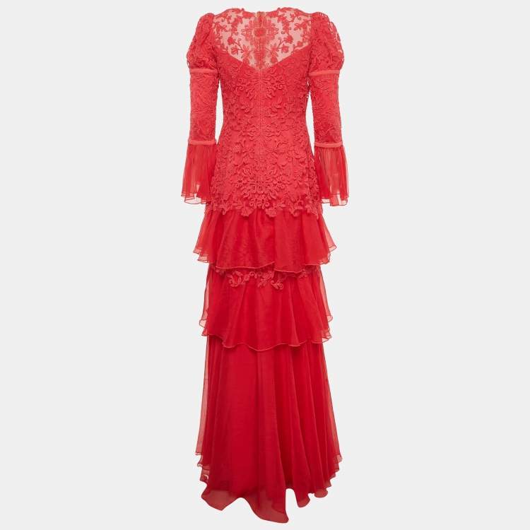 Pre Owned Tadashi Shoji Pink Chiffon and Tulle Tiered Moreau Gown S