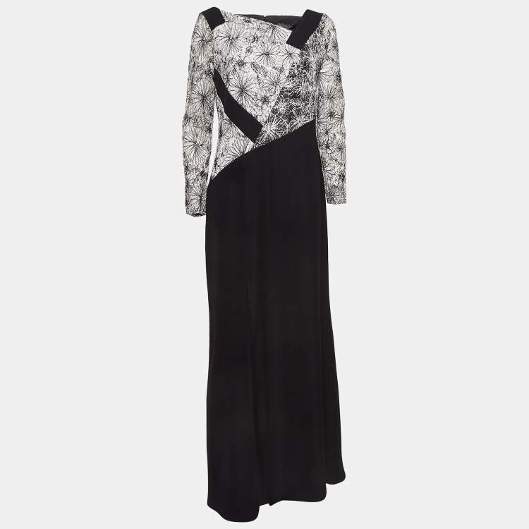 Pre Owned Tadashi Shoji Black/White Crepe & Lace Full Sleeve Maxi Dress M