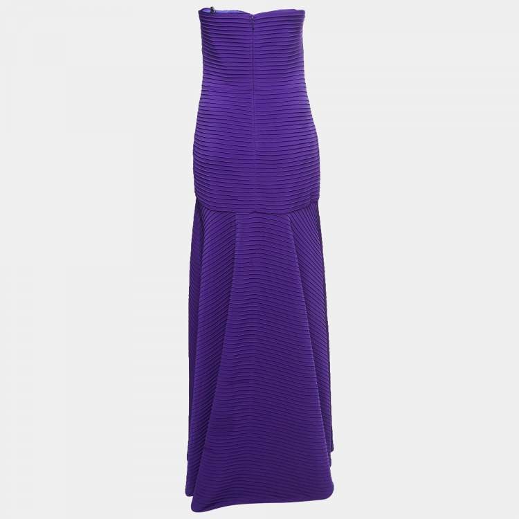 Pre Owned Tadashi Shoji Purple Sequin Jersey Pleated Strapless Gown L