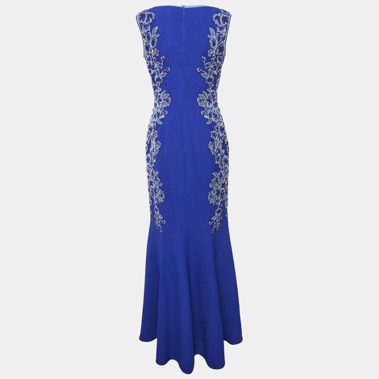 Pre Owned Tadashi Shoji Blue Floral Embroidery Textured Crepe Sleeveless Gown S