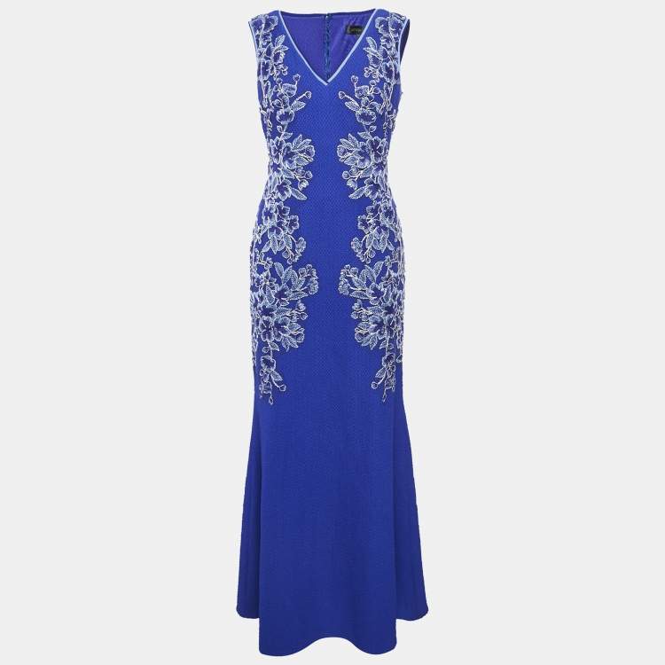 Pre Owned Tadashi Shoji Blue Floral Embroidery Textured Crepe Sleeveless Gown S