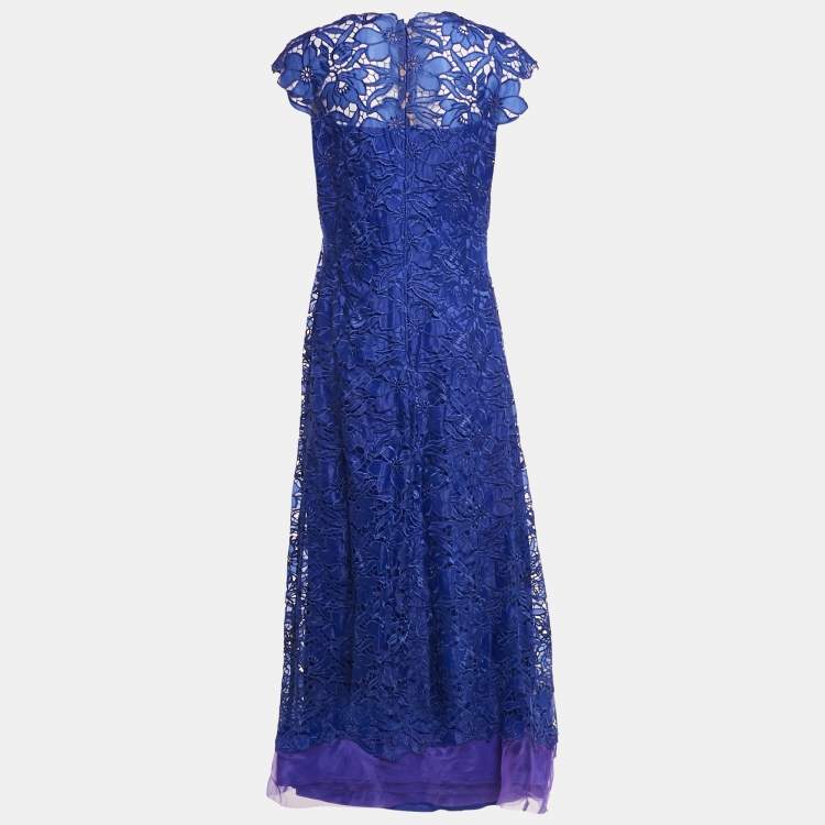 Pre Owned Tadashi Shoji Blue Floral Lace Cap Sleeve Milien Gown L