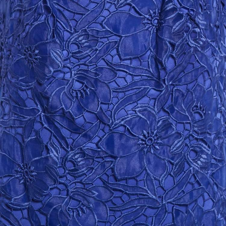 Pre Owned Tadashi Shoji Blue Floral Lace Cap Sleeve Milien Gown L