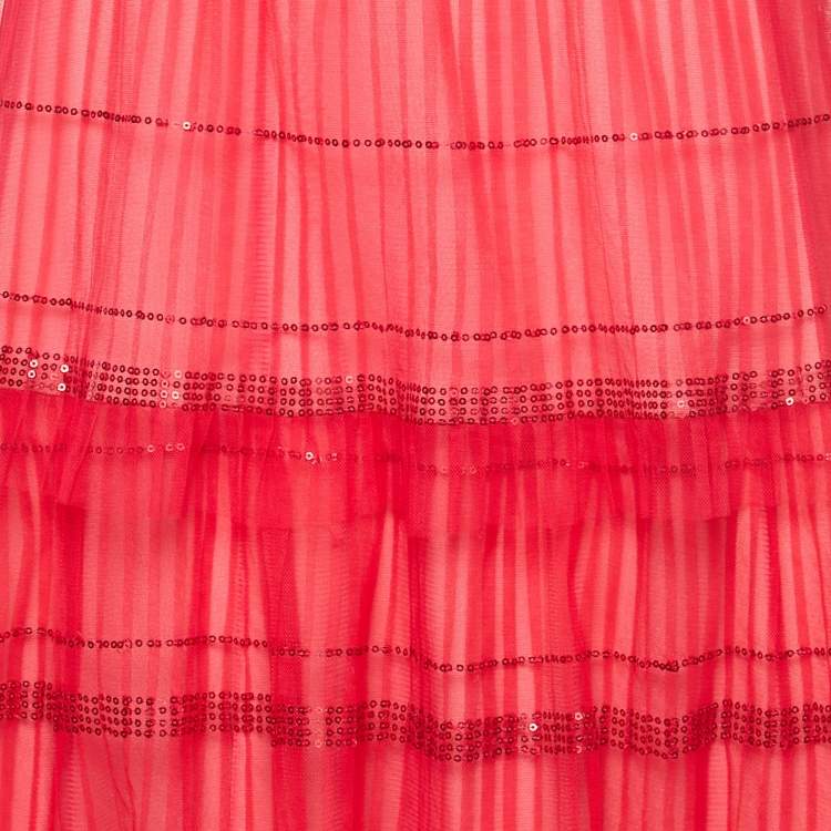 Pre Owned Tadashi Shoji Red Sequin Tulle Halter Neck Tiered Gown M